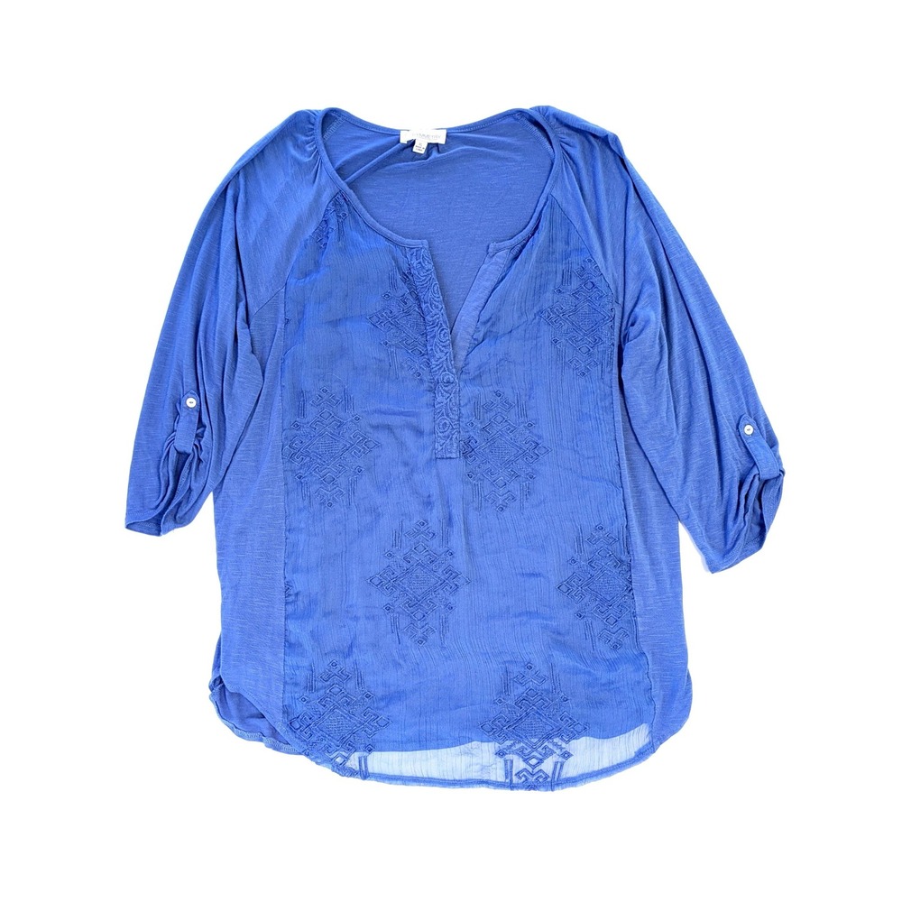 Symmetry Blue Embroidered Roll Tab Sleeve Blouse XL Boho Split V-Neck Top